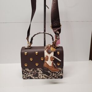 Betsey Johnson Western Cowgirl Studded Hearts Satchel Crossbody Bag Boot Charm